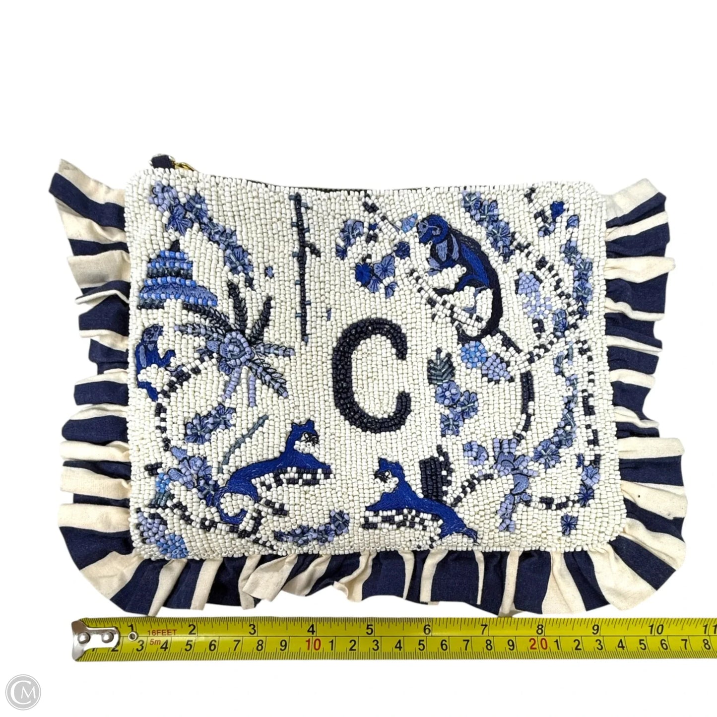 C Monogram Beaded Toile Clutch By Anthropologie X Anna Harlow, Size: Small
