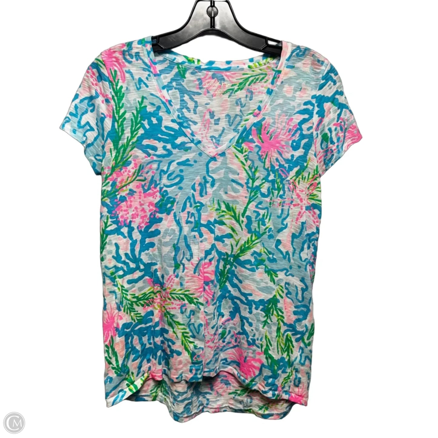 Top Short Sleeve Designer By Lilly Pulitzer In Blue & White, Size: Xs