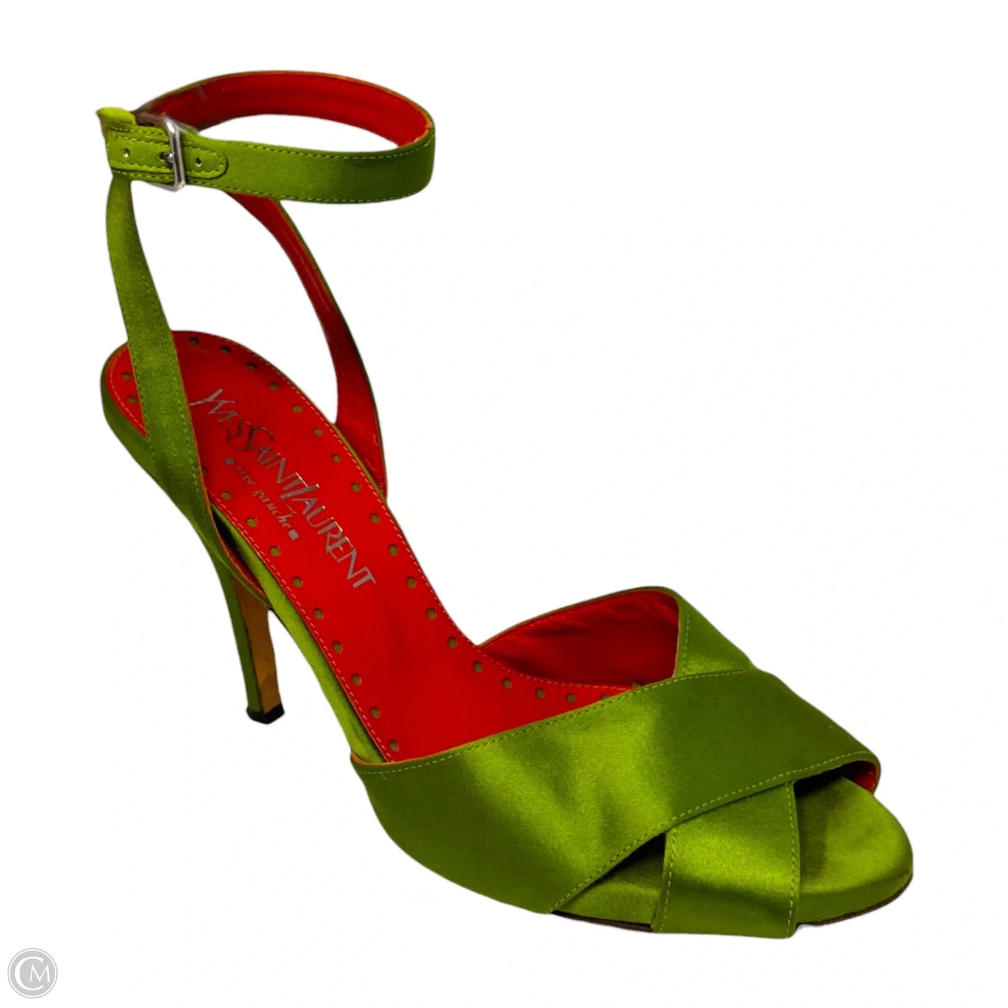 AS IS Rive Gauche Satin Heels Shoes Luxury Designer By Yves Saint Laurent In Green & Red, Size: 9 (39)