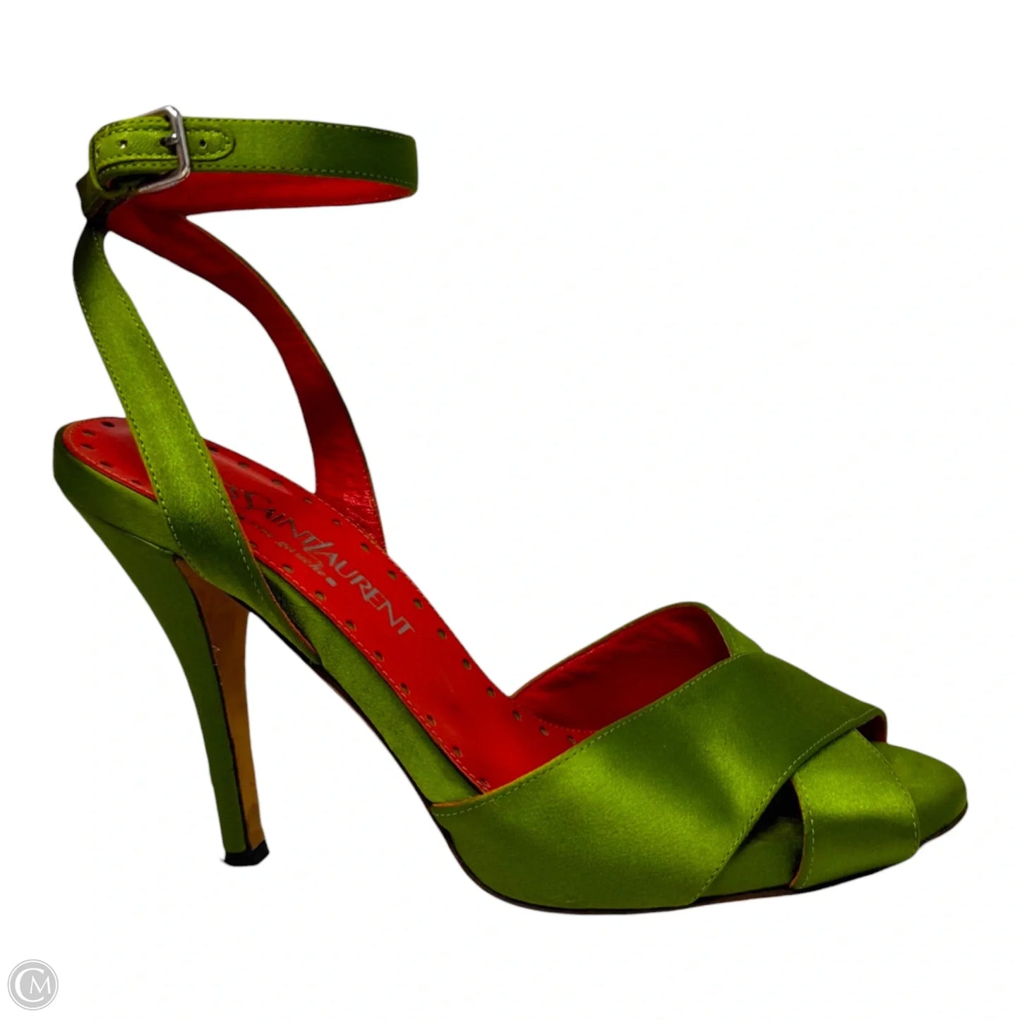 AS IS Rive Gauche Satin Heels Shoes Luxury Designer By Yves Saint Laurent In Green & Red, Size: 9 (39)