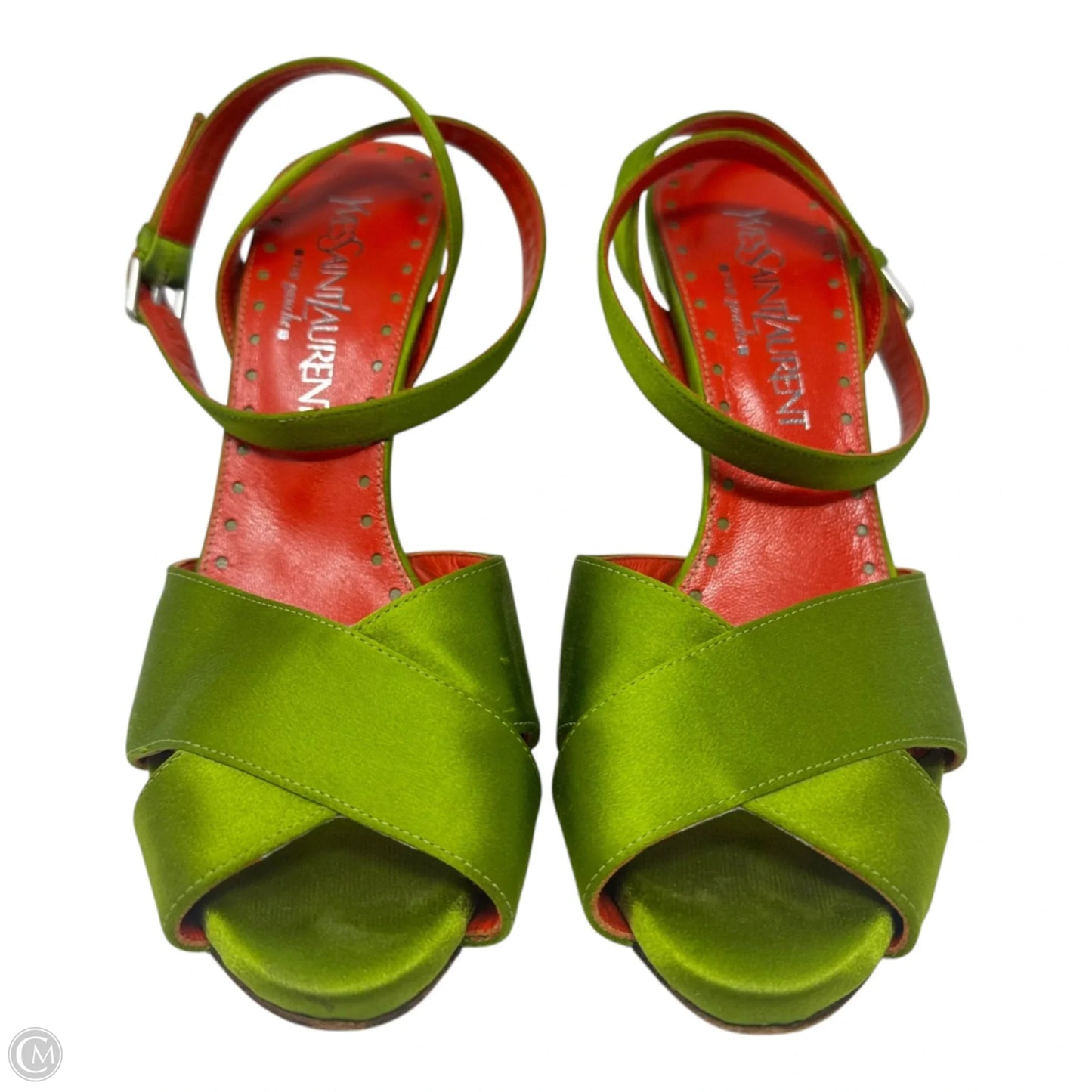 AS IS Rive Gauche Satin Heels Shoes Luxury Designer By Yves Saint Laurent In Green & Red, Size: 9 (39)