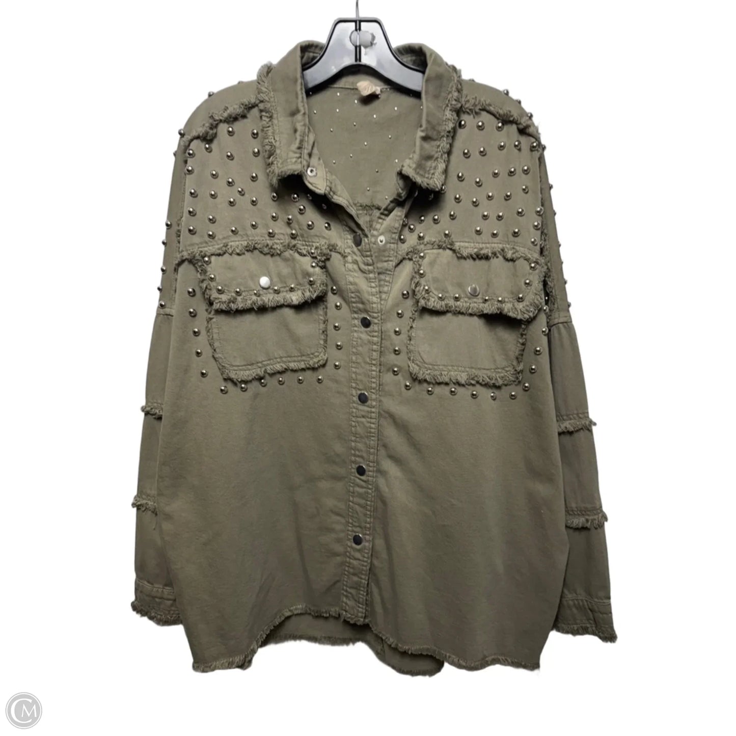Studded Distressed Jacket Shirt By Elan In Green & Silver, Size: M