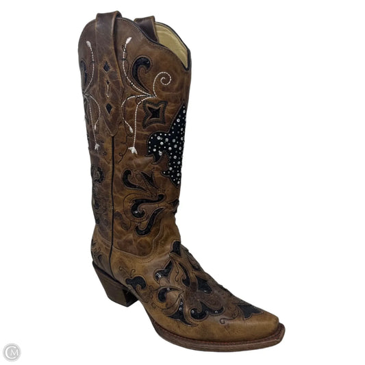 A2840 Fleur-De-Lis Sequin Inlay Snip Toe Cowgirl Boots By Corral In Brown, Size: 9
