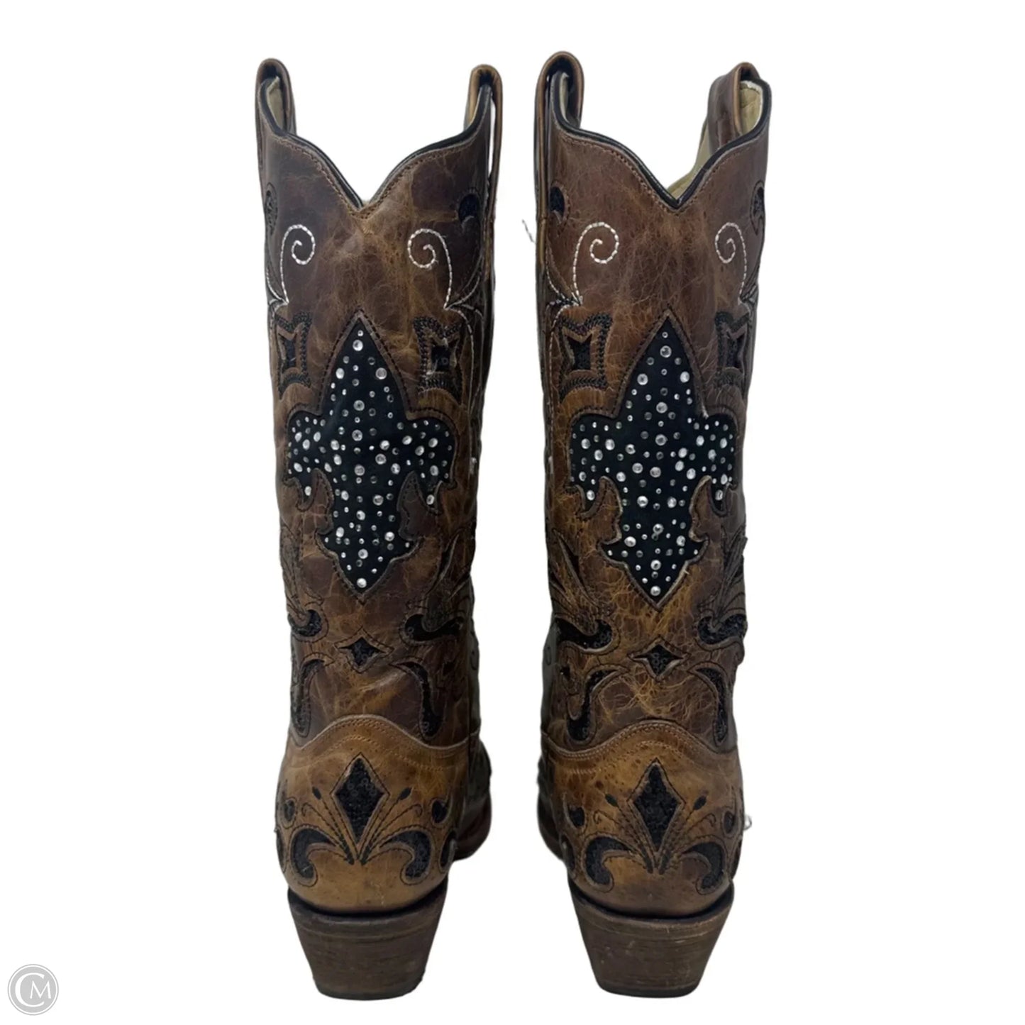 A2840 Fleur-De-Lis Sequin Inlay Snip Toe Cowgirl Boots By Corral In Brown, Size: 9