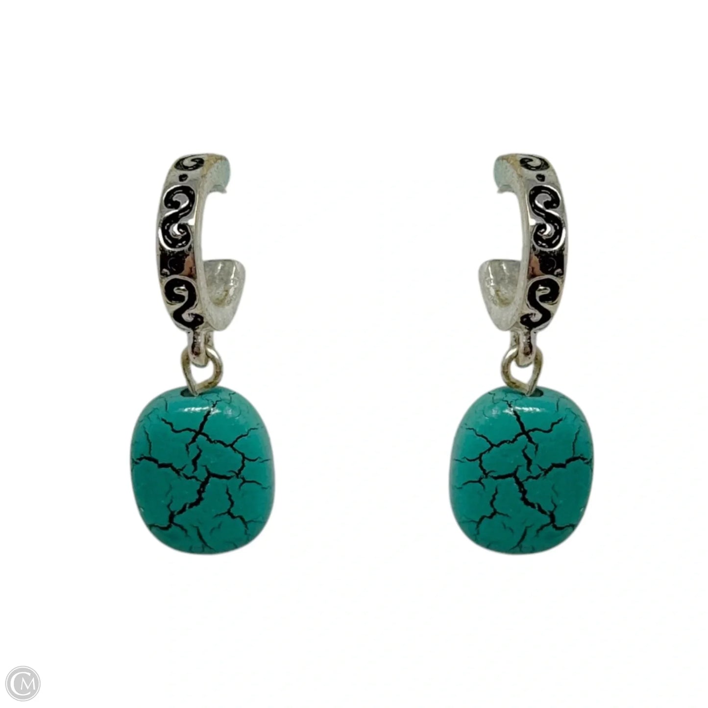 Faux Turquoise & Silver Hoop Dangle Earrings