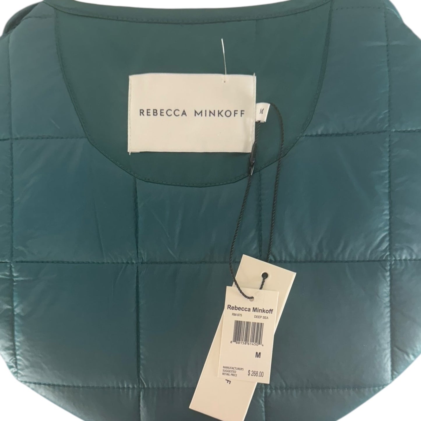 Long Quilted Puffer Vest Designer in Deep Sea Teal By Rebecca Minkoff In Green, Size: M