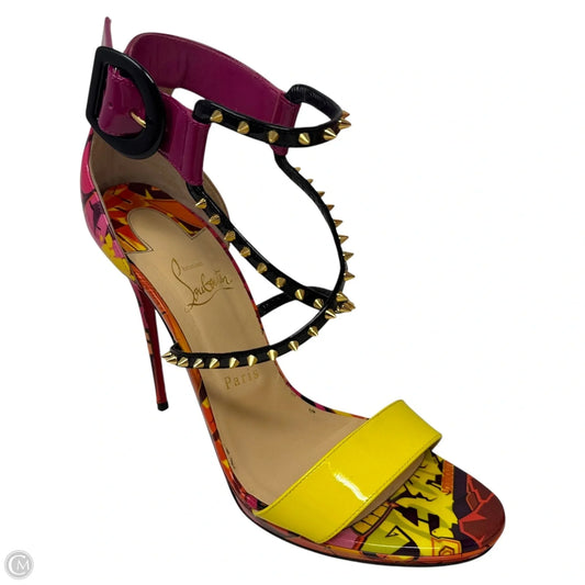 Choca Lux 120 mm Spiked Sandals Luxury Designer By Christian Louboutin In Multi-colored Patent Metrograf Print, Size: US 9.5/ IT 40.5