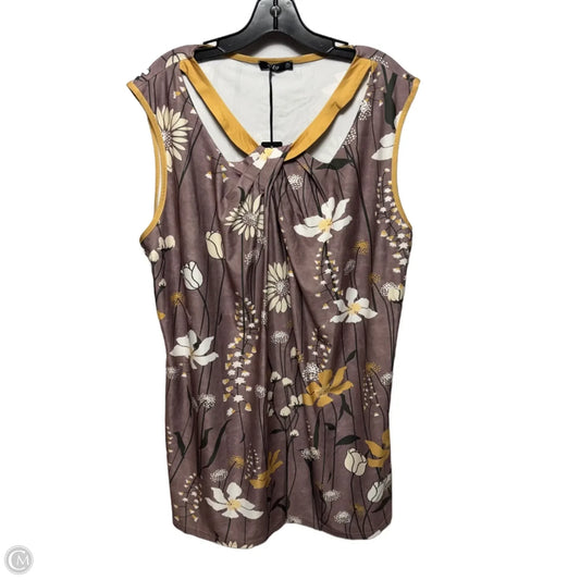 Knot Front Key Hole Top Sleeveless By Lily In Gray & Gold Floral Print, Size: 3x