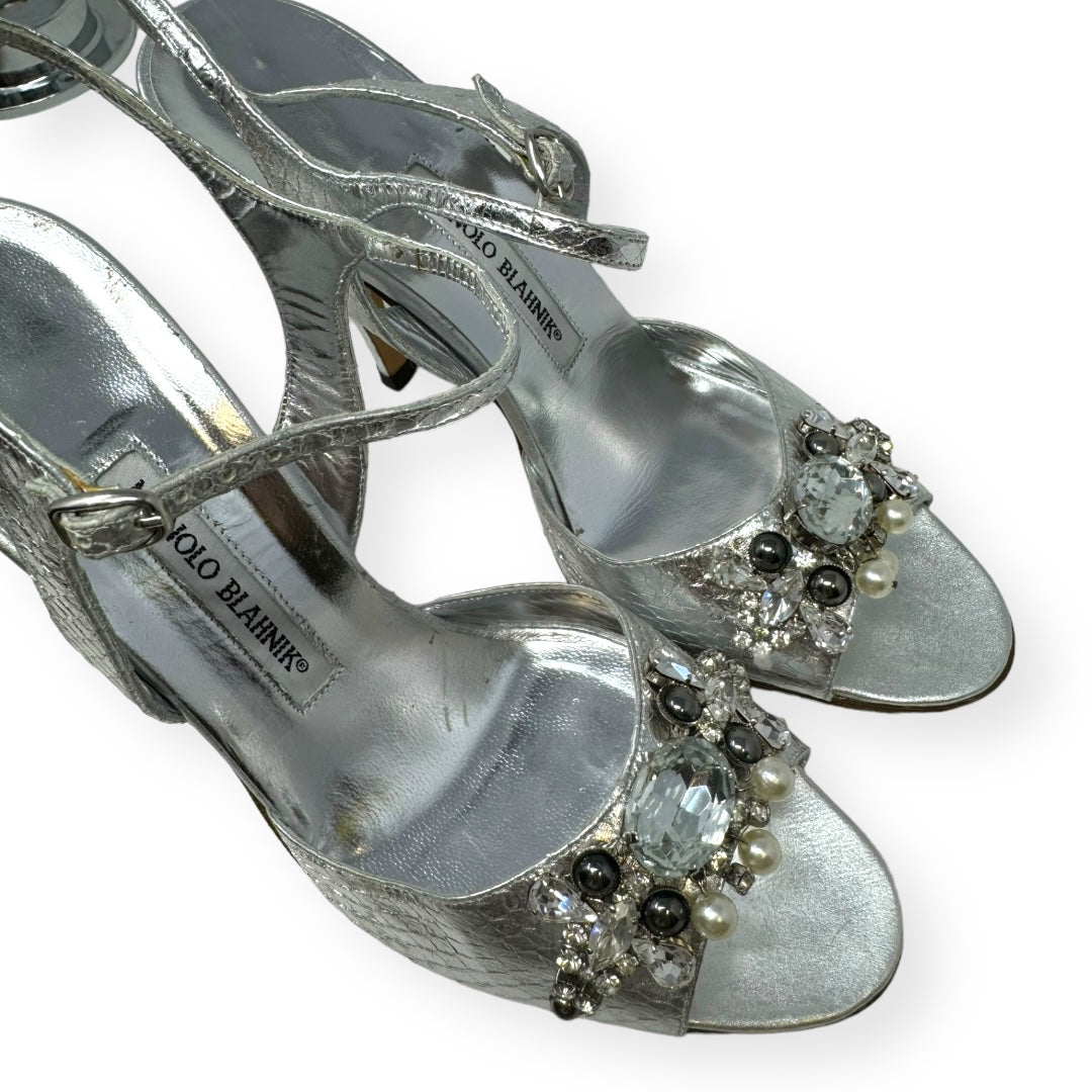 Crystal Embellished Metallic Silver Sandals Luxury Designer Manolo Blahnik, Size 8