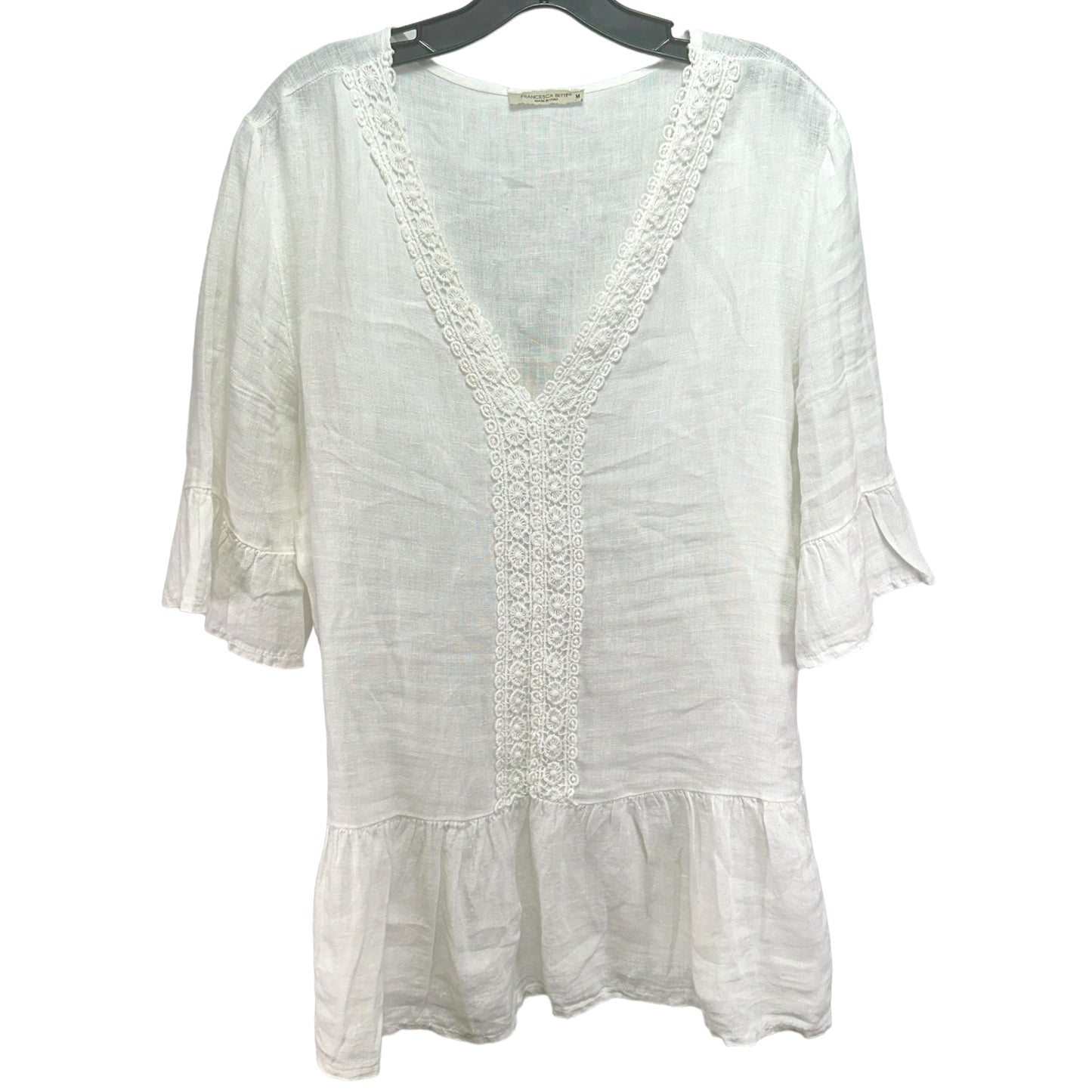 Linen & Crochet Lace Tunic White Top 3/4 Sleeve Francesca Bettini, Size M