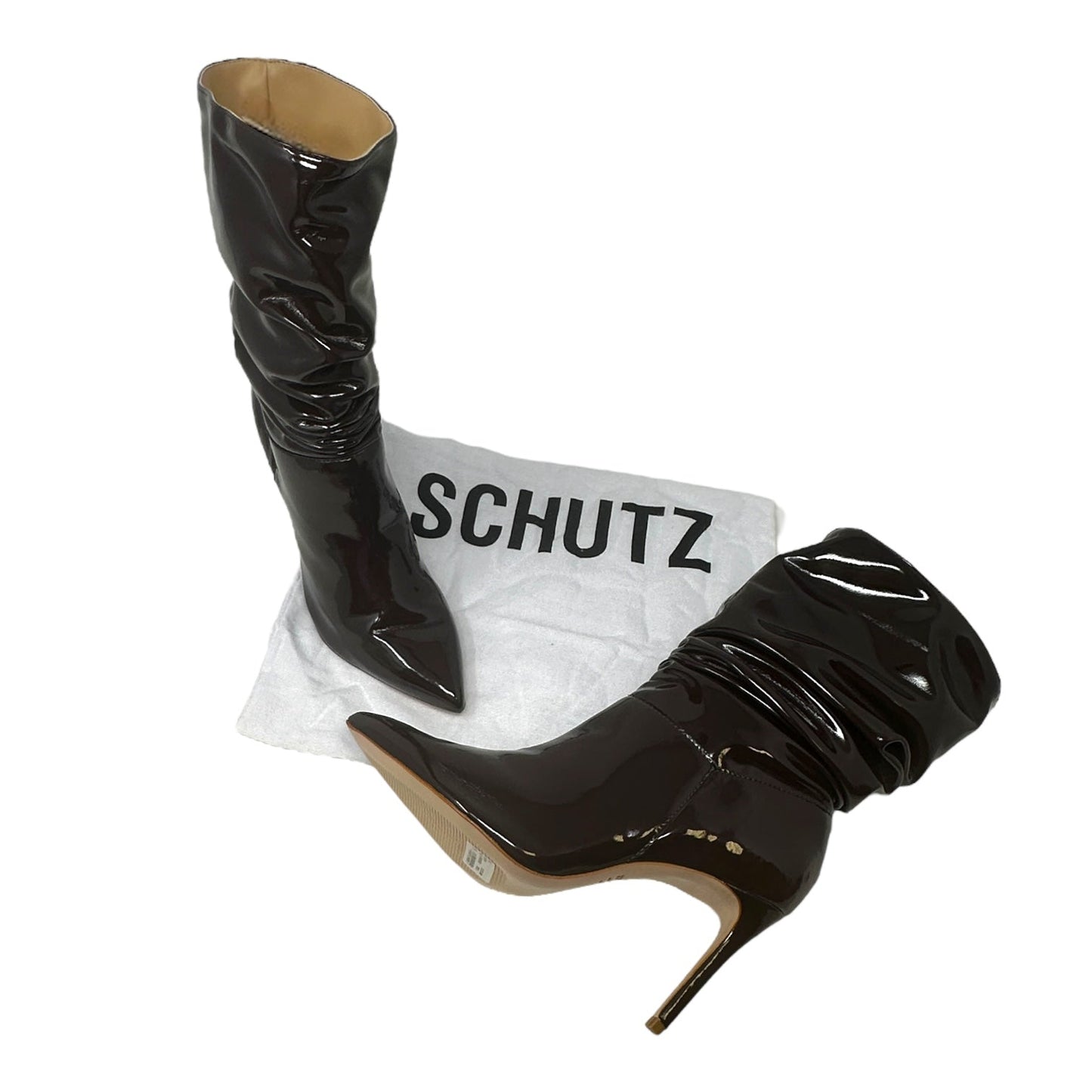 Ashlee Slouchy Stiletto Bootie in Dark Chocolate Patent Leather Schutz, Size 7.5