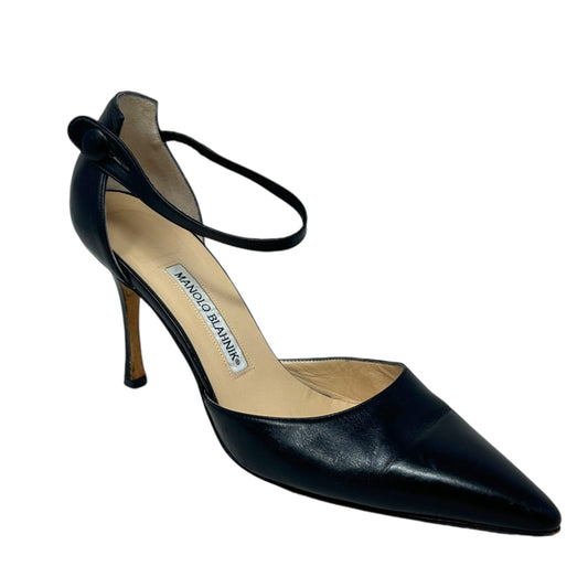 Button Closure Ankle Strap D’Orsay Pumps Luxury Designer By Manolo Blahnik In Black, Size: US 9/ IT 39