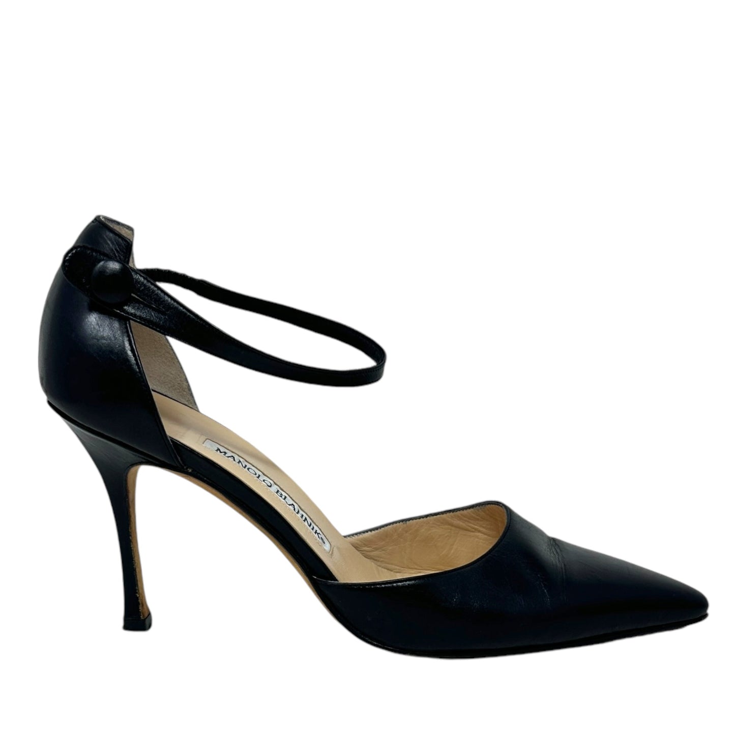 Button Closure Ankle Strap D’Orsay Pumps Luxury Designer By Manolo Blahnik In Black, Size: US 9/ IT 39