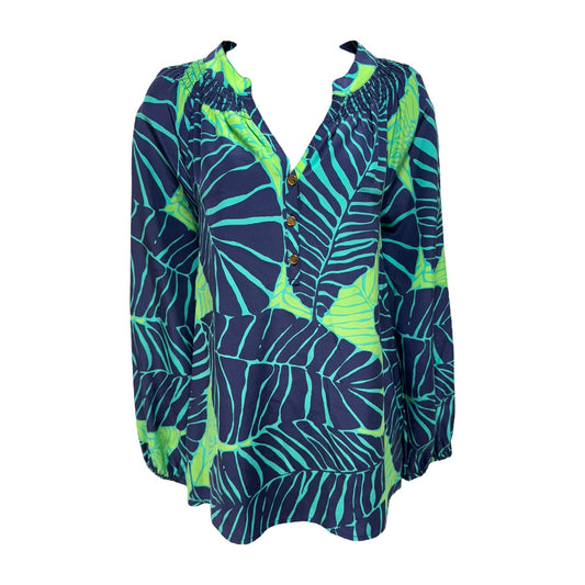 Silk Top Long Sleeve Designer By Lilly Pulitzer In Blue & Green, Size: S