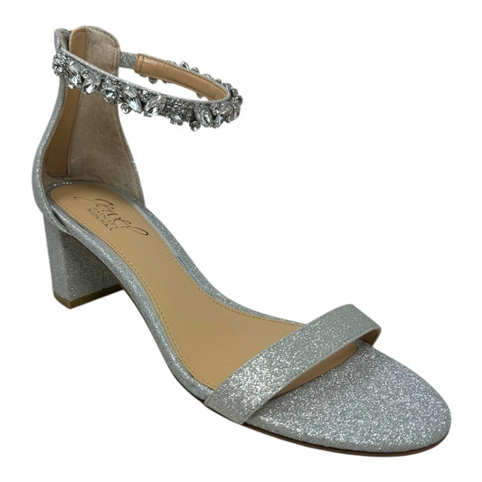 Katerina Embellished Ankle Strap Glitter Shoes Heels Block By Badgley Mischka In Silver, Size: 7.5