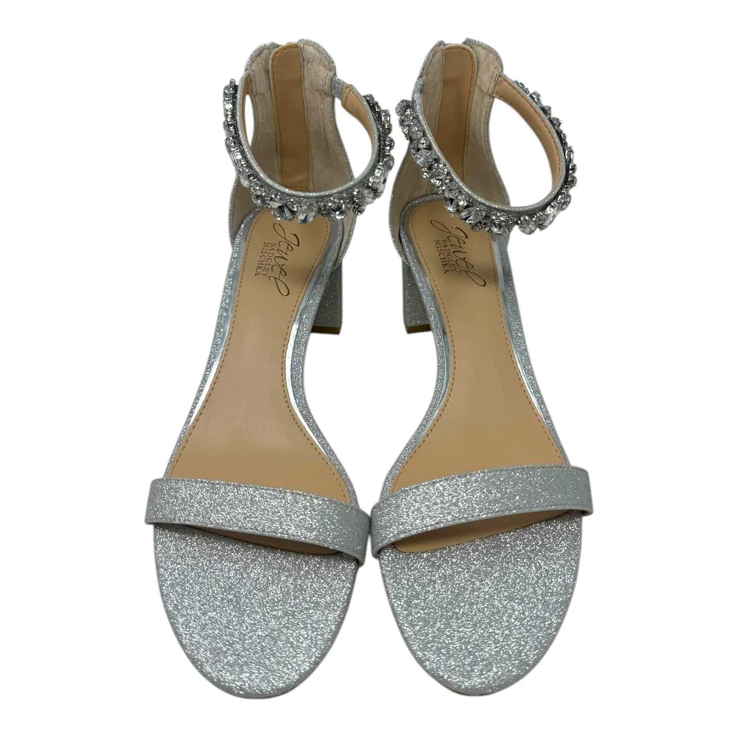 Katerina Embellished Ankle Strap Glitter Shoes Heels Block By Badgley Mischka In Silver, Size: 7.5