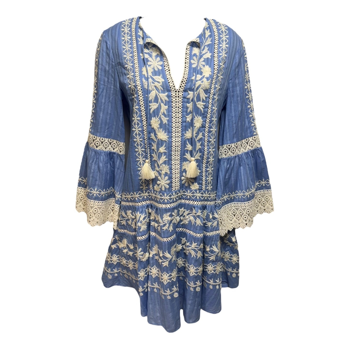 Gabriella Embroidered Bell Sleeve Dress Designer By Tory Burch In Blue & White, Size: 2