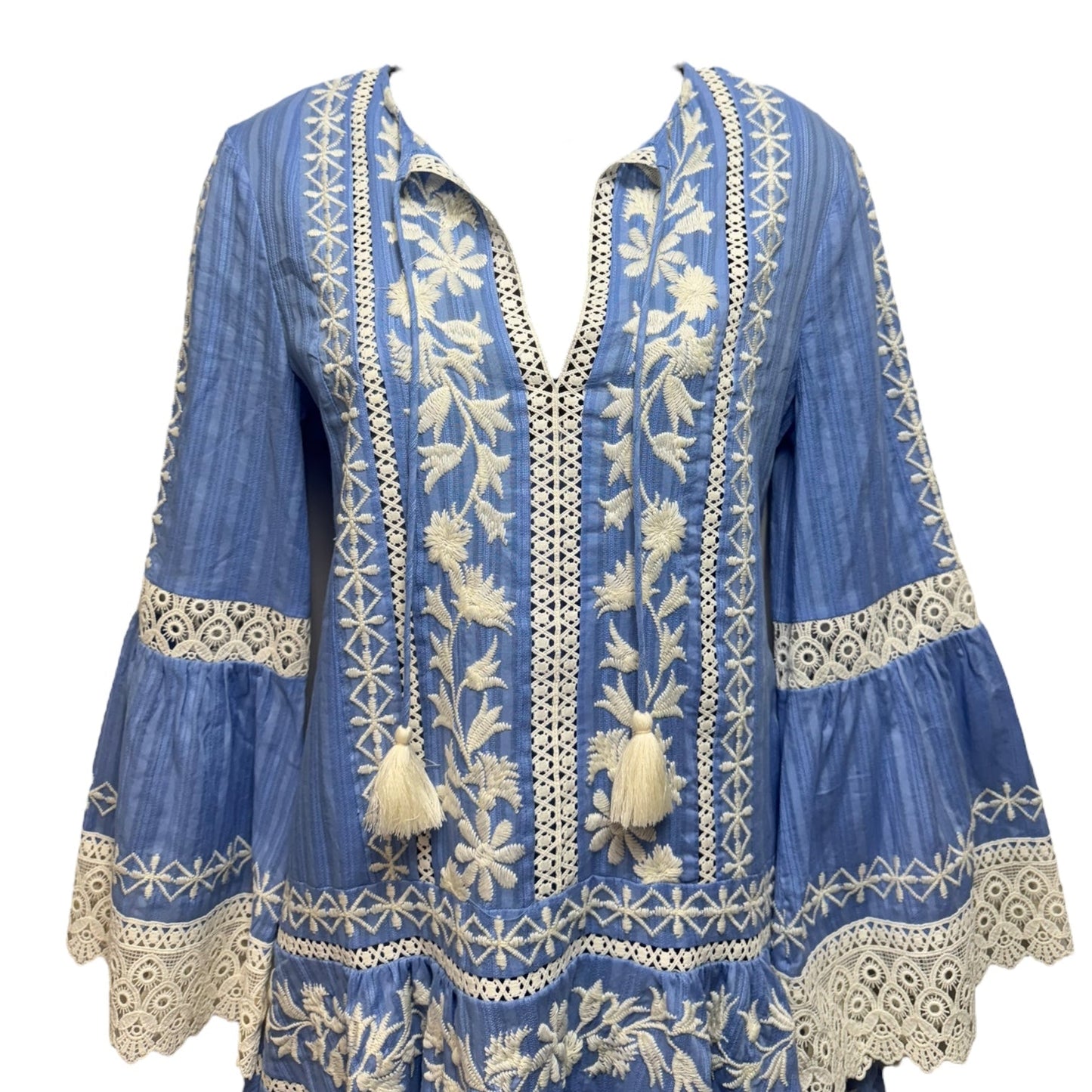 Gabriella Embroidered Bell Sleeve Dress Designer By Tory Burch In Blue & White, Size: 2