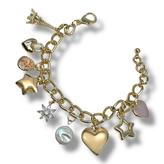 Hearts & Stars Gold Tone Charm Bracelet By Unbranded