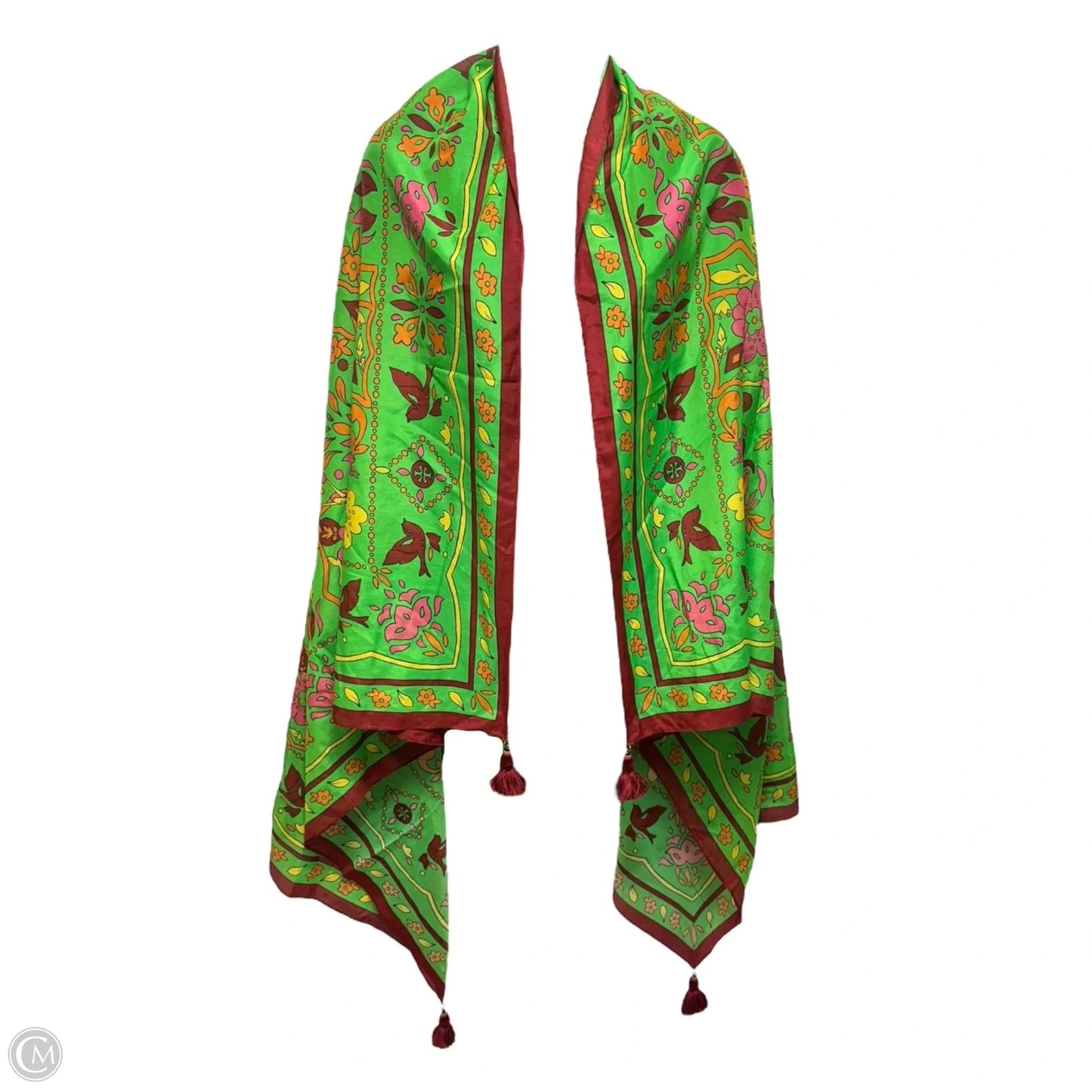 Cotton & Silk Tassel Folk Art Printed Pareo Designer By Tory Burch In Green Splash, Size: Osfm