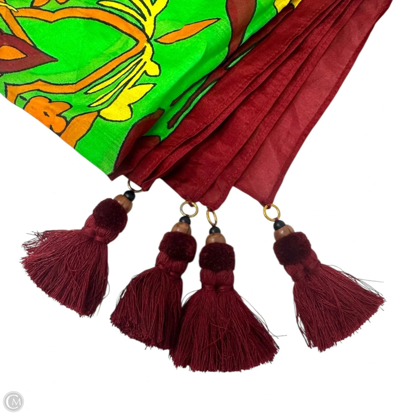 Cotton & Silk Tassel Folk Art Printed Pareo Designer By Tory Burch In Green Splash, Size: Osfm