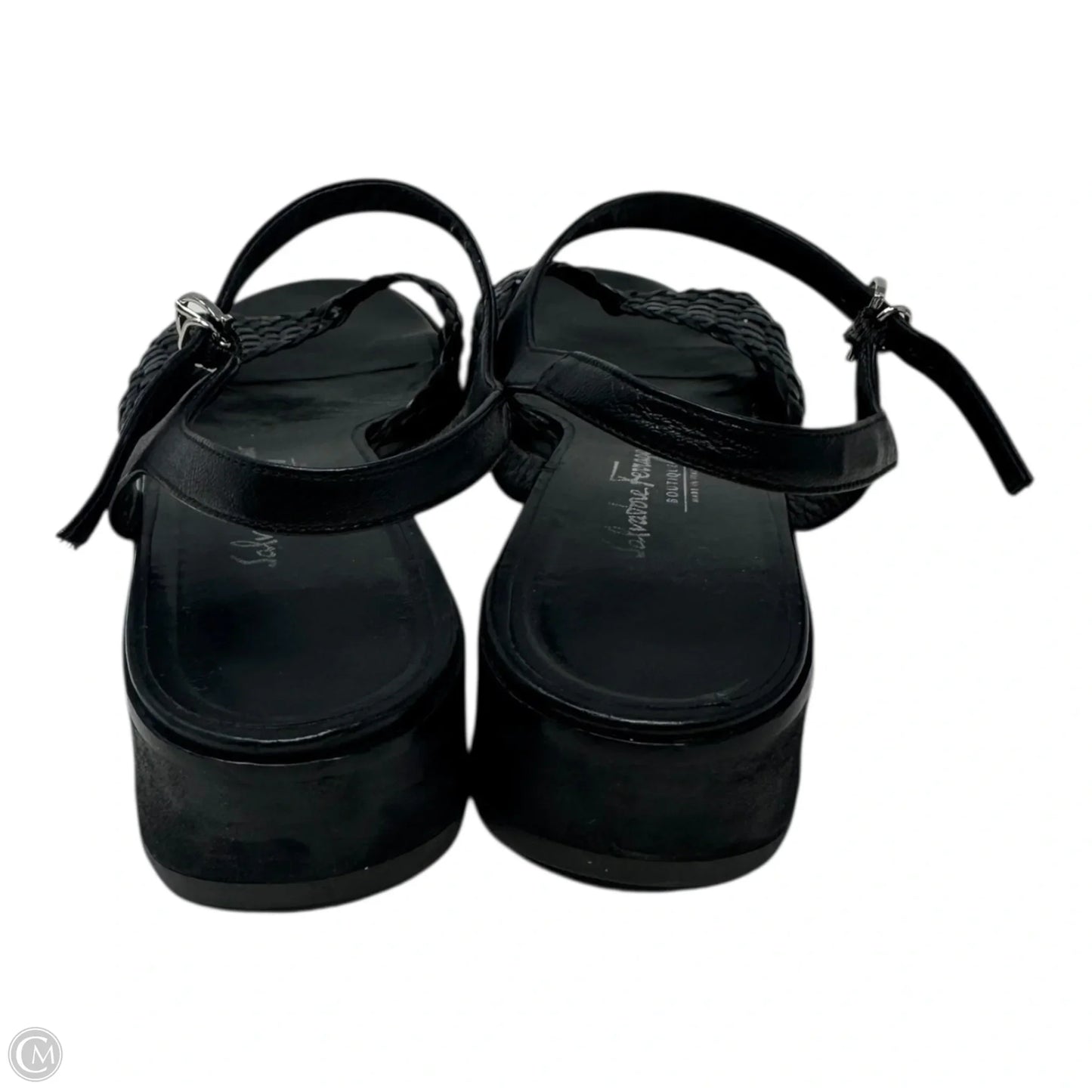 Woven Leather Ankle Strap Wedge Sandals Designer By Ferragamo In Black, Size: 9