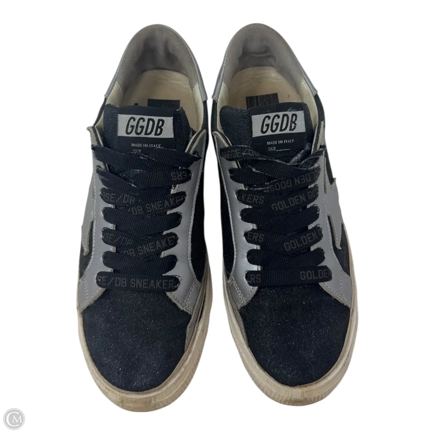 May Glitter Sneaker Shoes Luxury Designer By Golden Goose In Black & Silver, Size: 7.5 (EU 38)