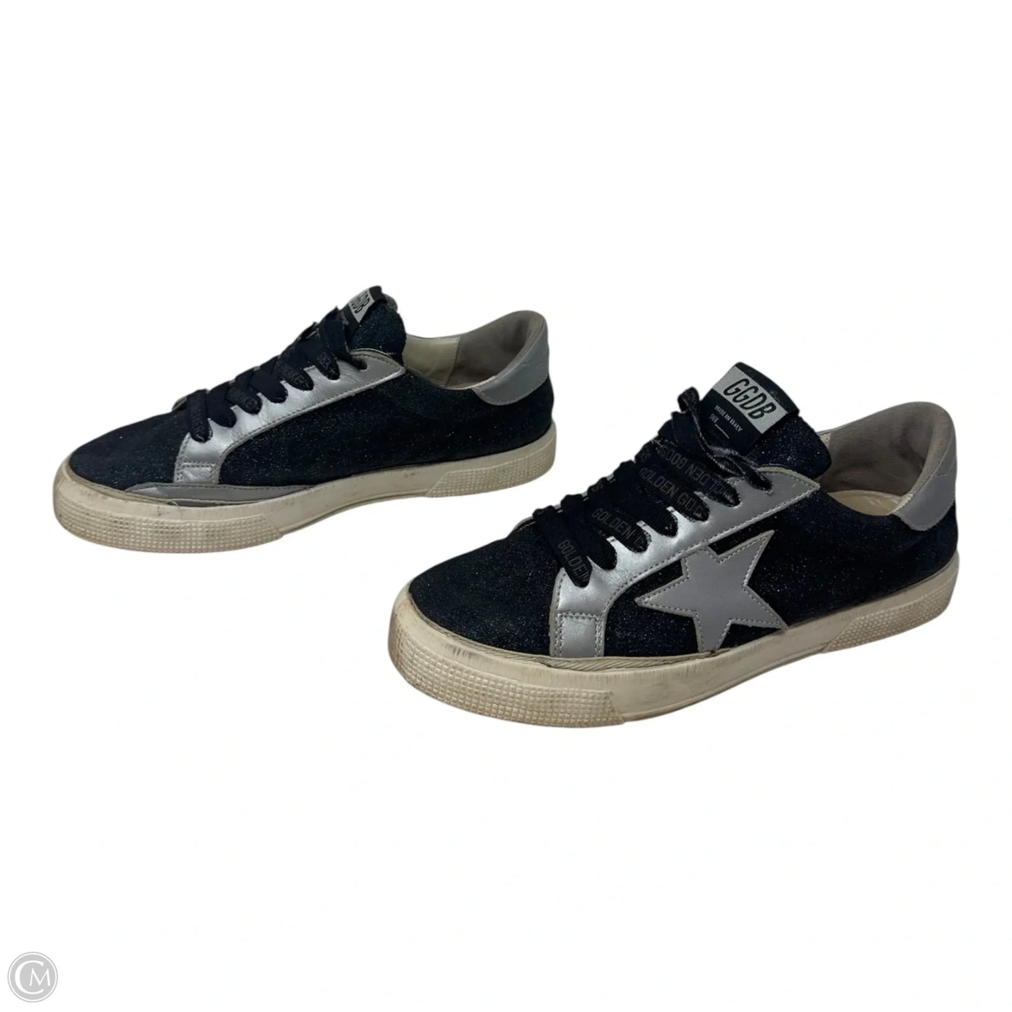 May Glitter Sneaker Shoes Luxury Designer By Golden Goose In Black & Silver, Size: 7.5 (EU 38)