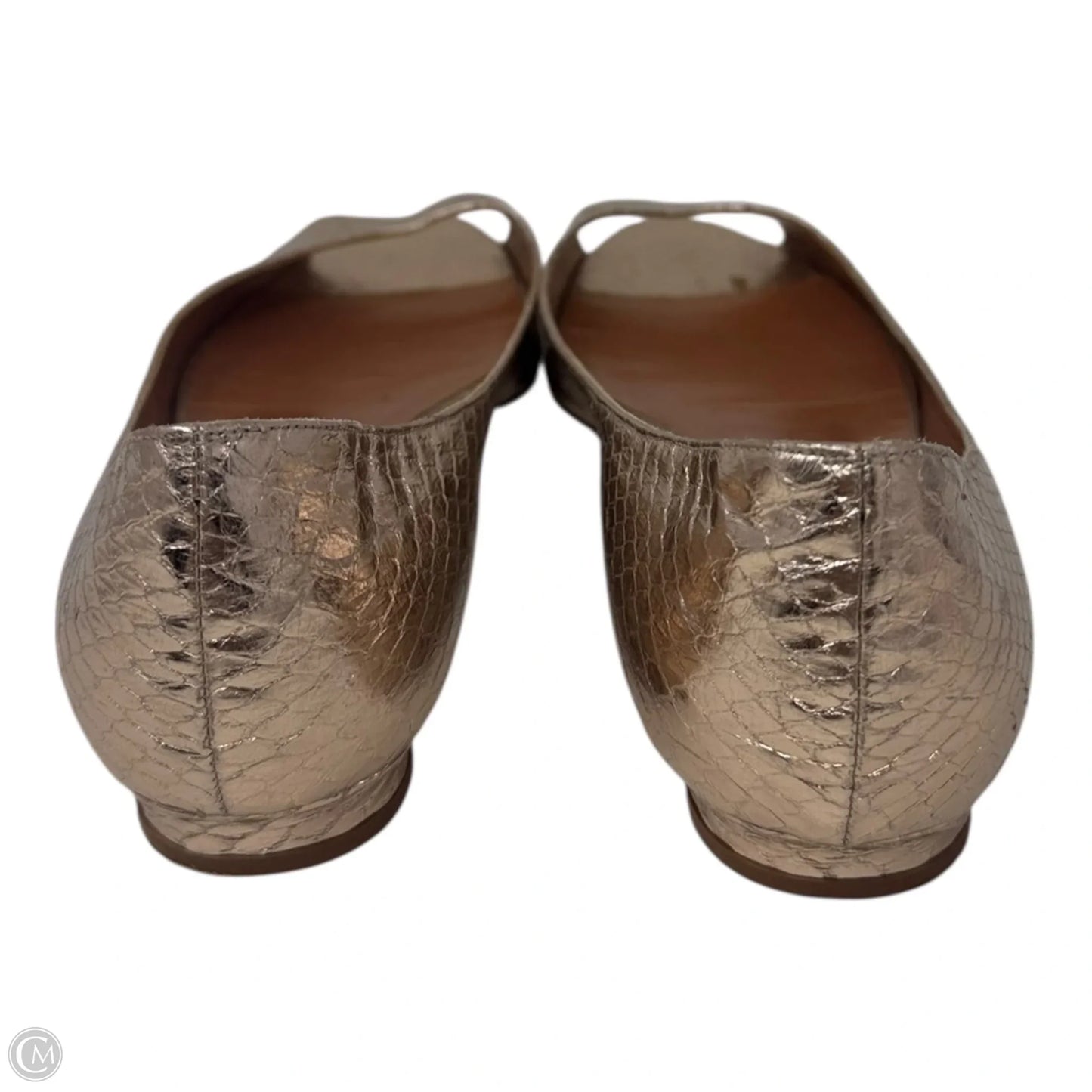 Metallic Snakeskin Peep Toe Block Heel Shoes Luxury Designer By Manolo Blahnik In Rose Gold, Size: 7 (IT 37)