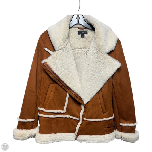 Faux Shearling Moto Jacket By Halogen In Orange & Cream, Size: M