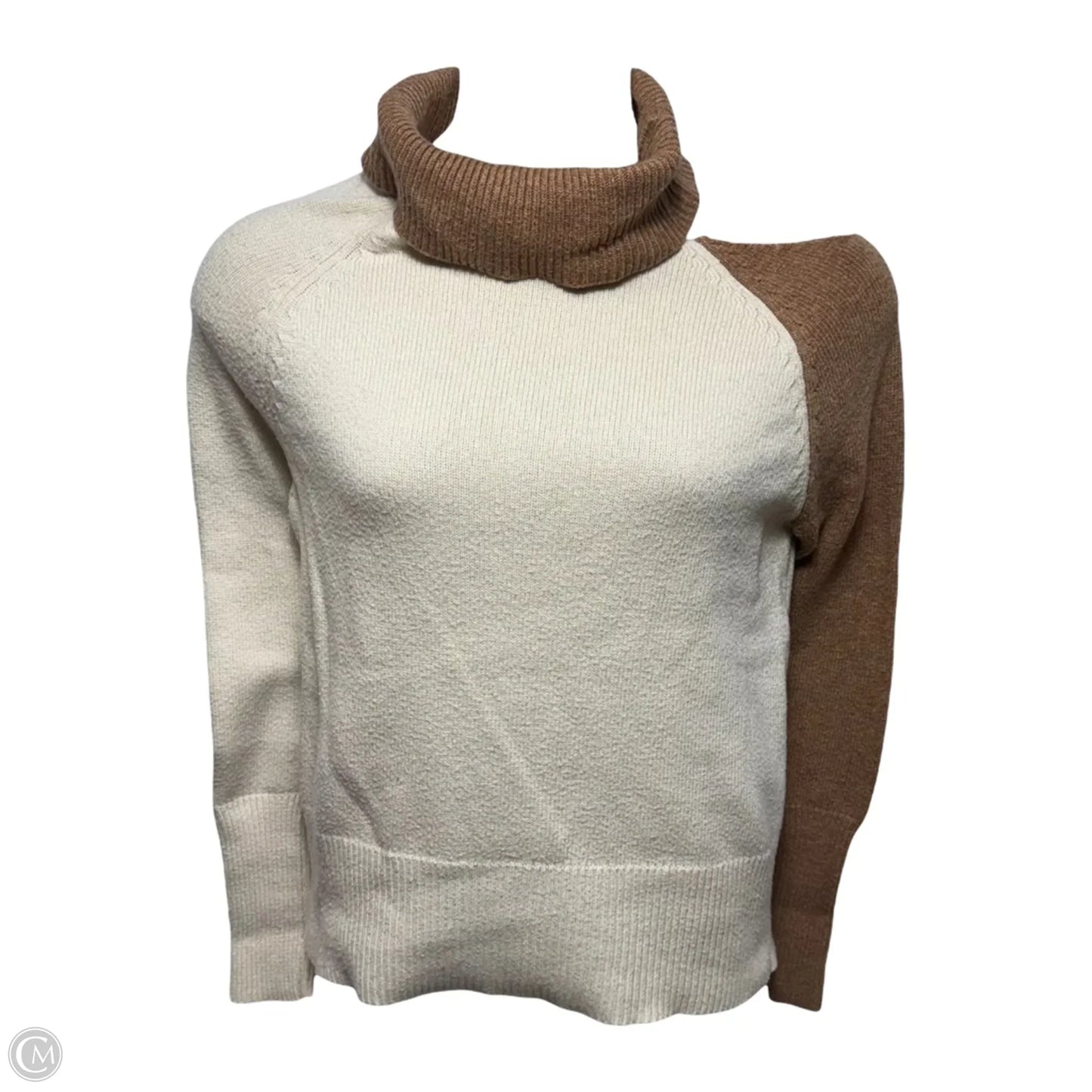 Cutout Wool BlendTurtleneck Sweater By Central Park West In Cream & Tan, Size: M