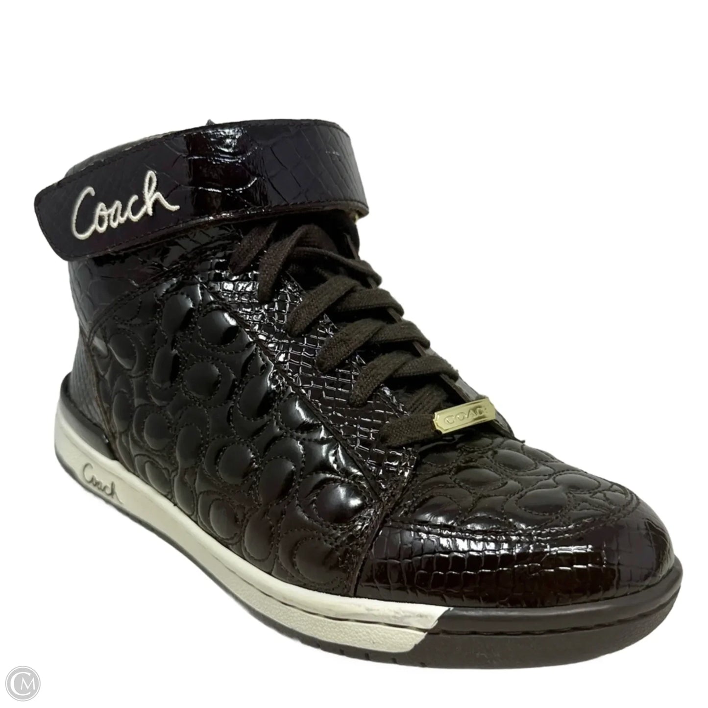 Nanette Patent Leather High Top Sneakers In Chocolate Designer By Coach In Brown, Size: 8.5