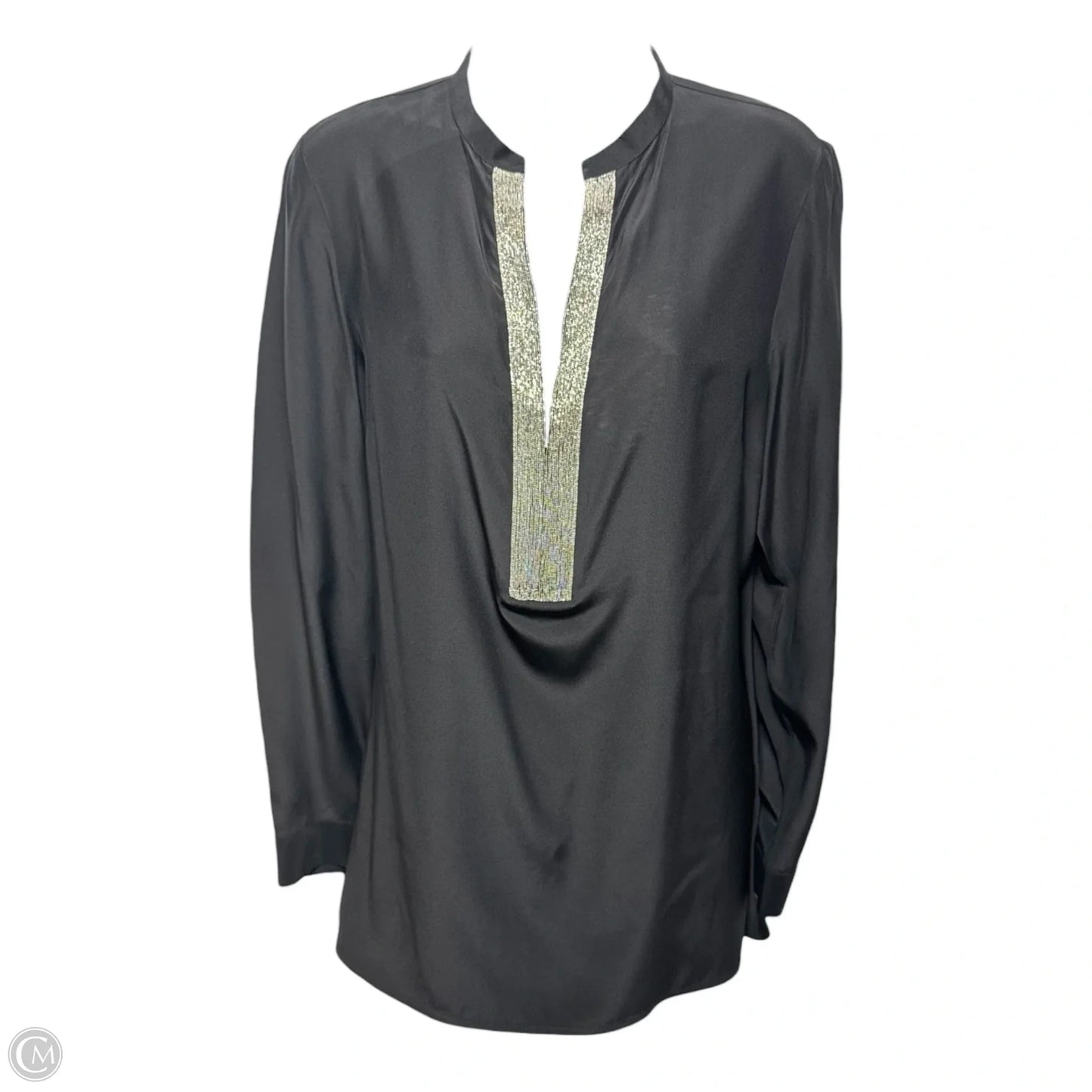 Silk Top Long Sleeve Designer By Lafayette 148 In Black & Silver, Size: S