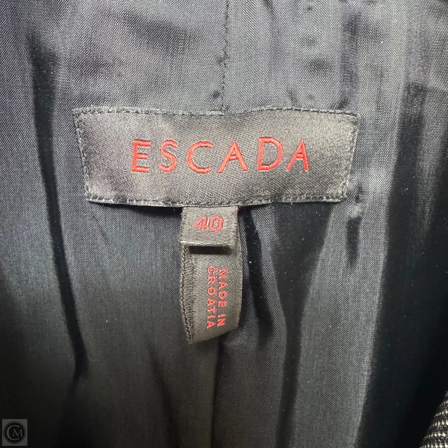 Wool Silk Blend Single Breasted 2 Button Tailored Blazer Designer By Escada In Black & White, Size: M (40 EU)