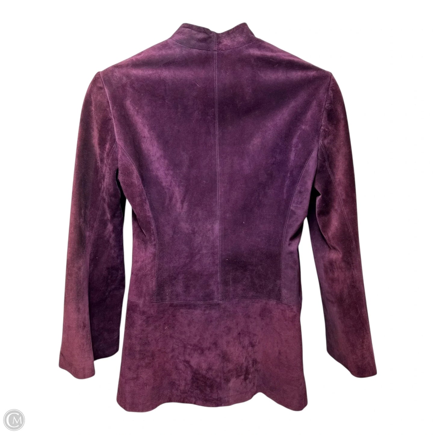 AS IS Calf Suede Zip Front Coat Designer By Escada In Purple, Size: L (42 EU)