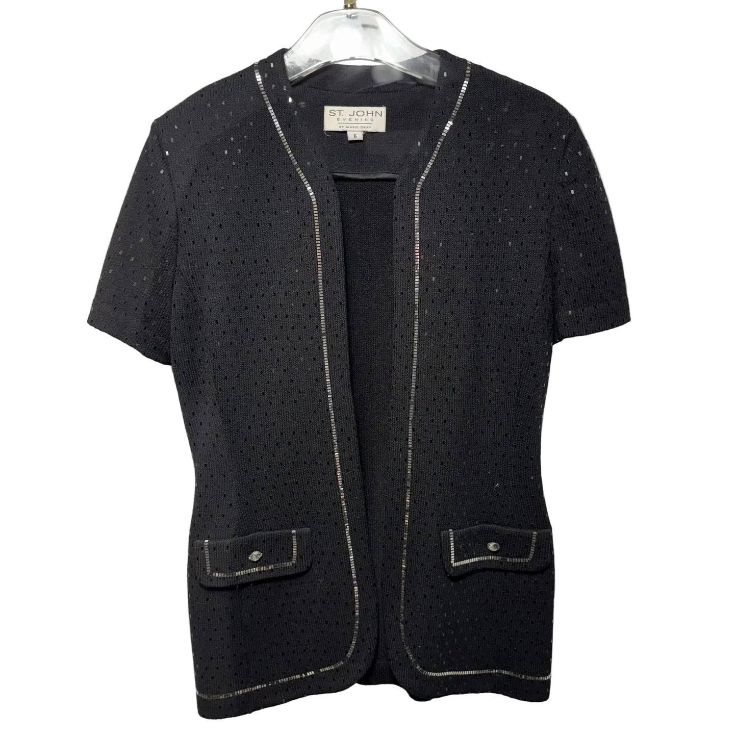 Paillette Short Sleeve Knit Blazer Luxury Designer By St John Collection In Black & Silver, Size: 6