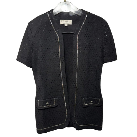 Paillette Short Sleeve Knit Blazer Luxury Designer By St John Collection In Black & Silver, Size: 6