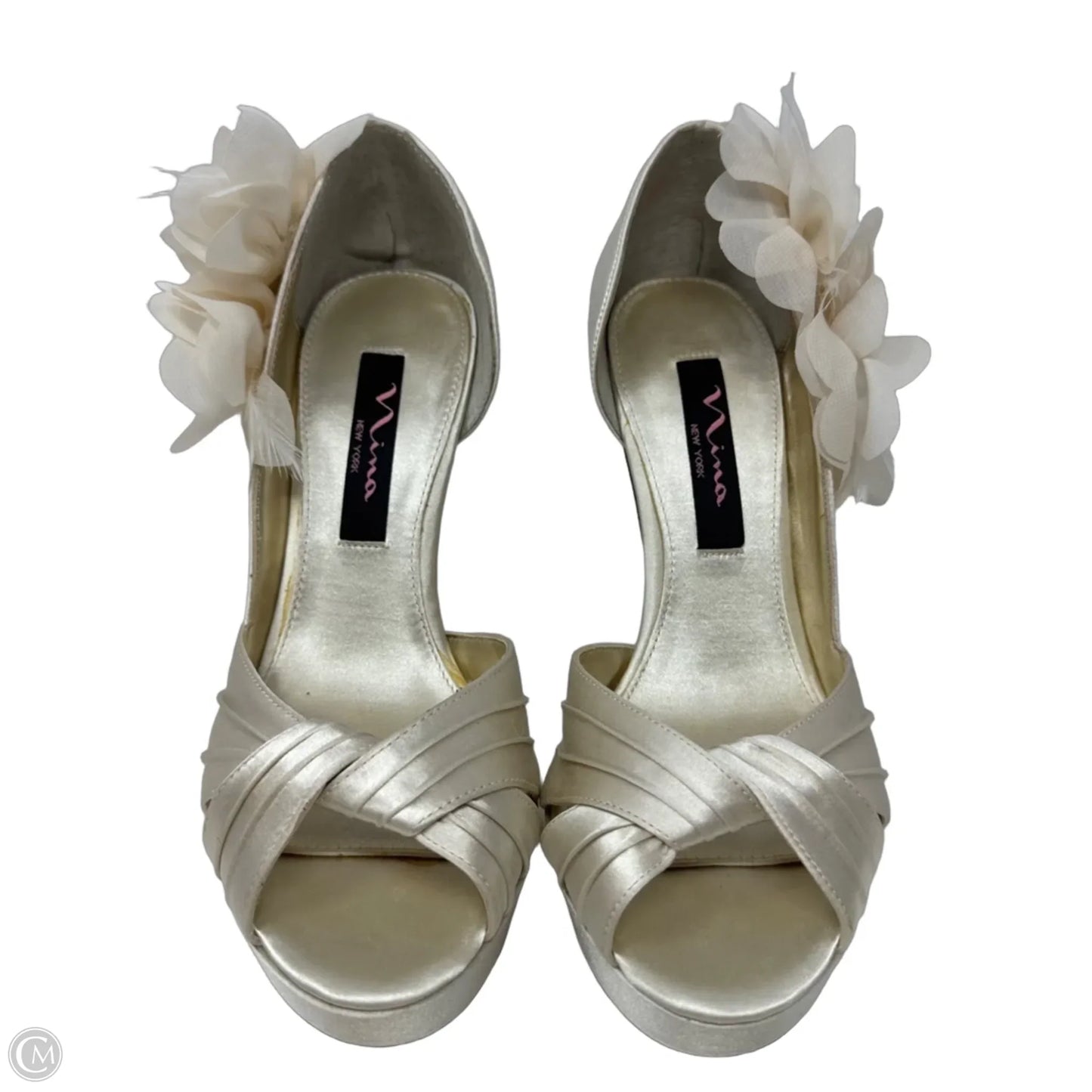 Maybell Floral Stiletto Peep Toe Satin Bridal Pumps By Nina In Cream, Size: 6.5