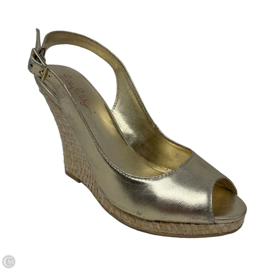 Metallic Woven Wedge Sandals Designer By Lilly Pulitzer In Gold, Size: 8.5