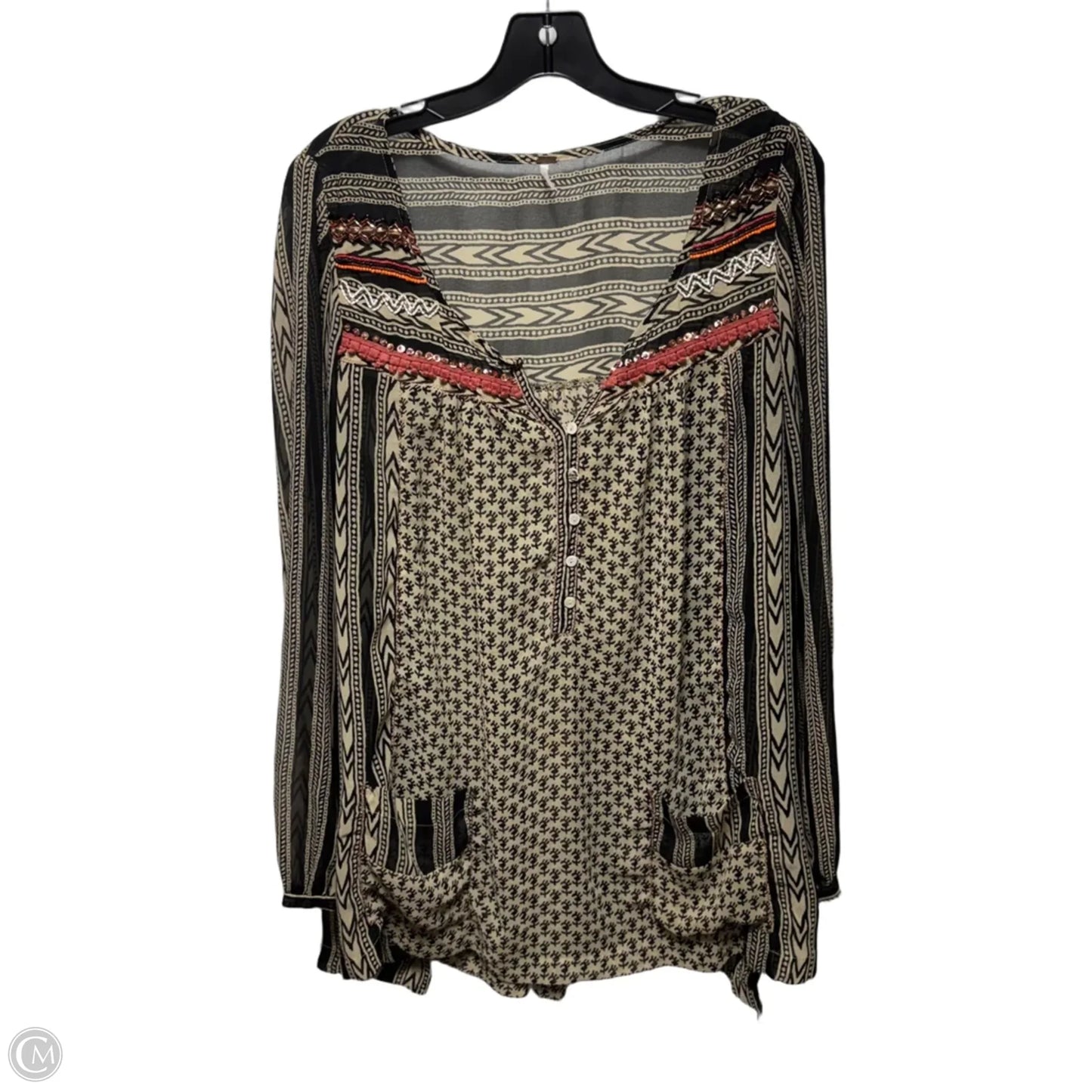 Feather in the Wind beaded tunic top Long Sleeve By Free People In Black & Cream, Size: S