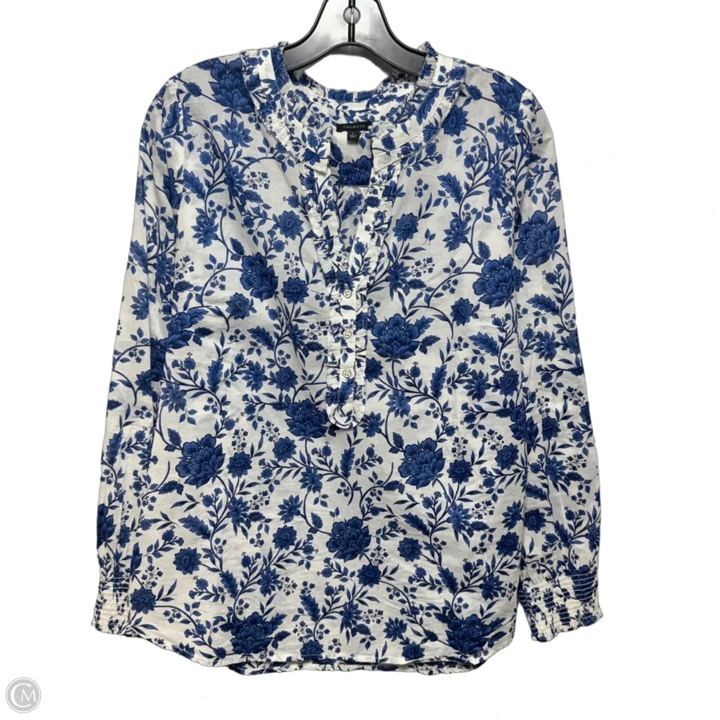 Top Long Sleeve By Talbots In Blue & White, Size: L