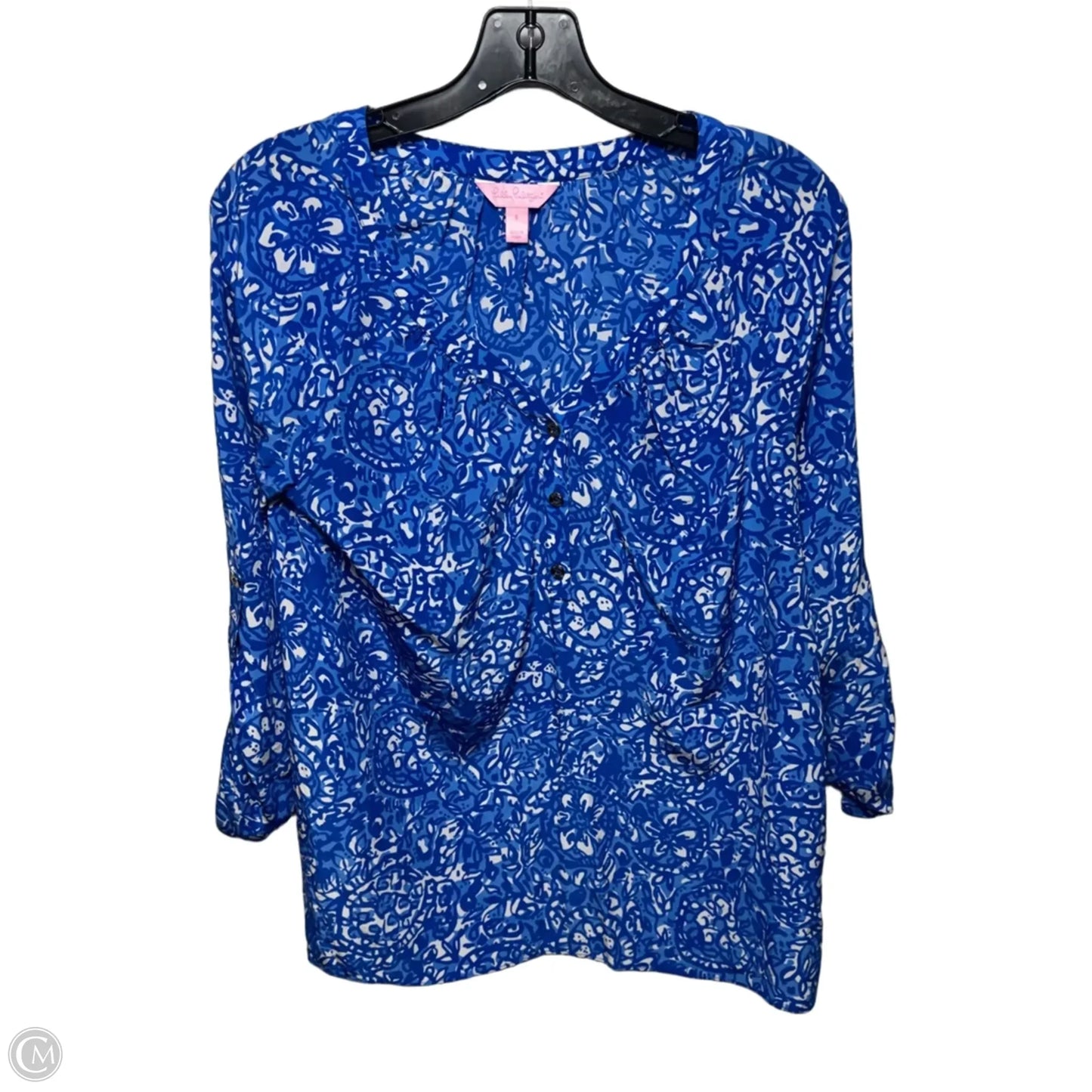 Silk Top Long Sleeve Designer By Lilly Pulitzer In Blue & White, Size: S