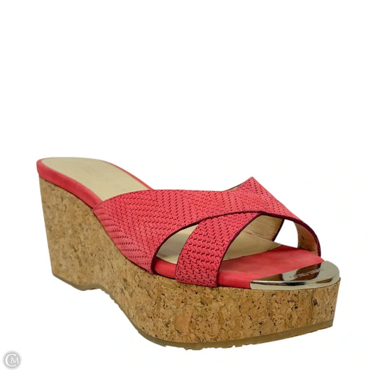 Prima Cork Wedge Slide Sandals Luxury Designer By Jimmy Choo In Coral, Size: 7.5