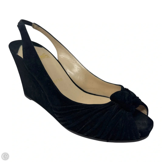 Suede Slingback Wedge Peep Toe Pumps Luxury Designer By Christian Louboutin In Black, Size: 10 (40.5)