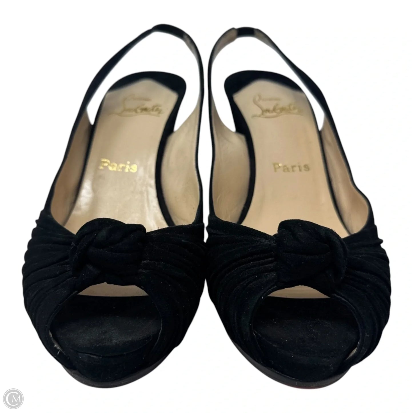 Suede Slingback Wedge Peep Toe Pumps Luxury Designer By Christian Louboutin In Black, Size: 10 (40.5)