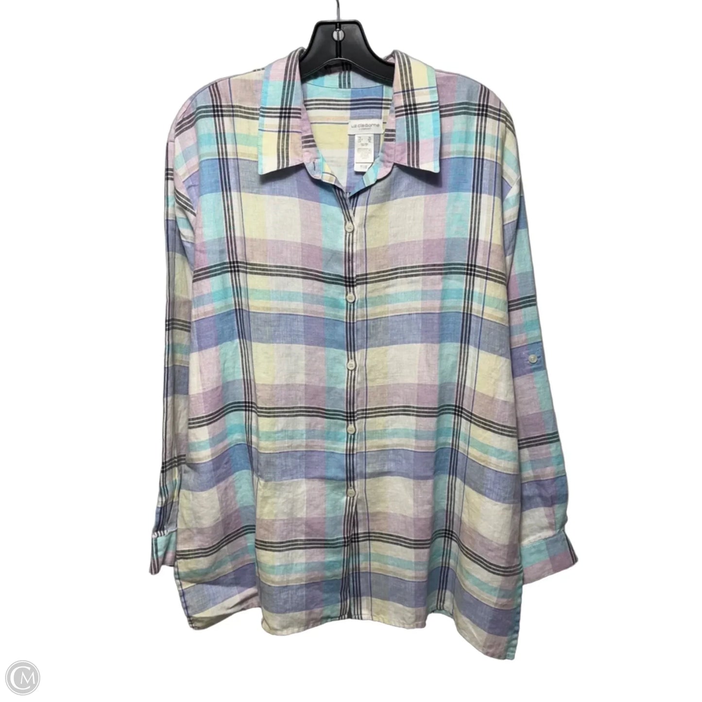 Linen Top Long Sleeve By Liz Claiborne Sport In Plaid Pattern, Size: Xl