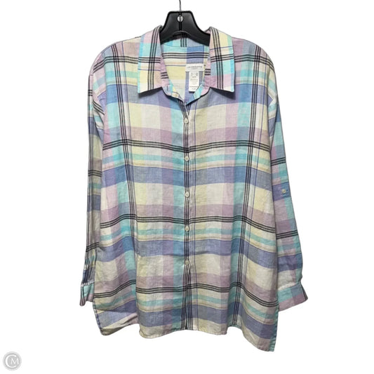 Linen Top Long Sleeve By Liz Claiborne Sport In Plaid Pattern, Size: Xl