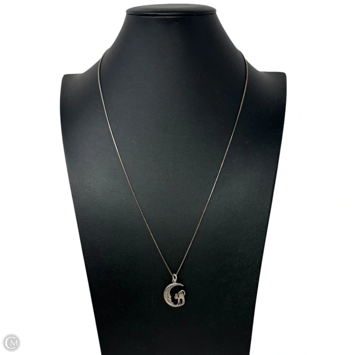 Sterling Silver Cat In Crescent Moon Pendant Necklace