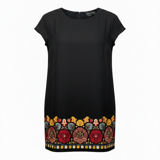 Vintage Embroidered Hem Linen Midi Dress By Andrea Jovine In Black, Size: 8