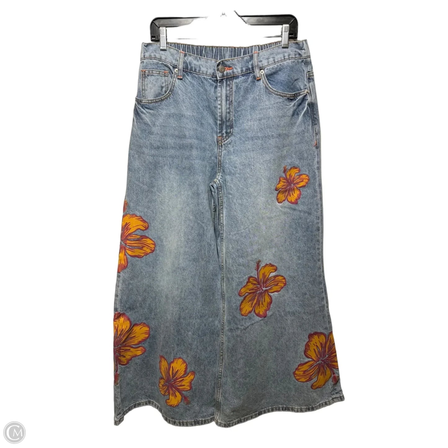 Hibiscus Print High Waist Wide Leg Denim Jeans By OH Jeans In Floral Print, Size: XL